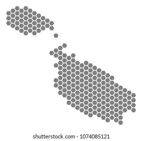 Grey hexagon Malta Island Map. Vector geographical map in grey color on a white background. Vector pattern of Malta Island Map done of hexagon spots.