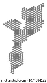 Grey hexagon Mozambique Map. Vector geographic map in gray color on a white background. Vector pattern of Mozambique Map composed of hexagonal pixels.