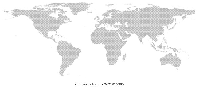 Formas geométricas de patrones hexágonos grises en el mapa mundial. Ilustración vectorial.