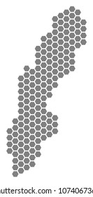 Grey hexagon Sweden Map. Vector geographic map in gray color on a white background. Vector concept of Sweden Map created of hexagon elements.