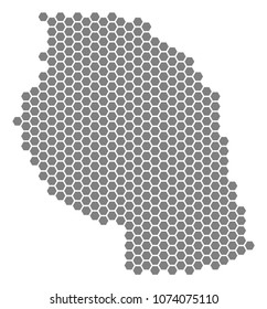 Grey hexagon Tanzania Map. Vector geographical map in gray color on a white background. Vector pattern of Tanzania Map composed of hexagon blots.