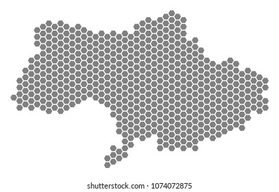 Grey hexagon Ukraine Map. Vector geographic map in grey color on a white background. Vector pattern of Ukraine Map organized of hexagonal blots.