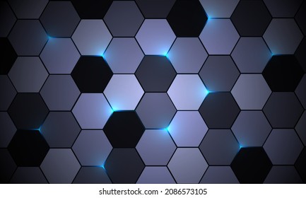 Grey hexagon vector abstract background with blue colored lights. Honeycomb vector illustration.