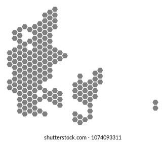 Grey hexagonal Denmark Map. Vector geographic map in grey color on a white background. Vector pattern of Denmark Map created of hexagonal items.