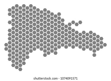 Grey hexagonal Dominican Republic Map. Vector geographic map in gray color on a white background. Vector collage of Dominican Republic Map made of hexagon items.