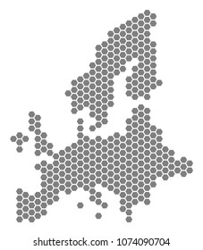 Grey hexagonal European Union Map. Vector geographic map in gray color on a white background. Vector collage of European Union Map combined of hexagonal spots.