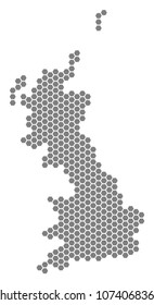 Grey hexagonal Great Britain Map. Vector geographical map in gray color on a white background. Vector mosaic of Great Britain Map constructed of hexagon dots.