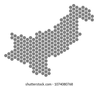 Grey hexagonal Pakistan Map. Vector geographical map in gray color on a white background. Vector composition of Pakistan Map designed of hexagon blots.