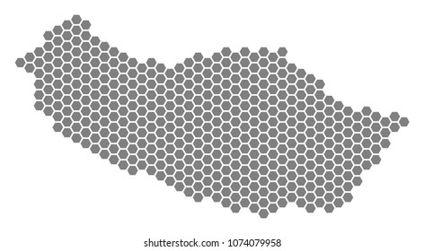 Grey hexagonal Portugal Madeira Island Map. Vector geographic map in gray color on a white background. Vector pattern of Portugal Madeira Island Map organized of hexagon dots.