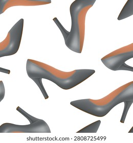 Grey High Heel Shoes Seamless Pattern Vector Illustration. Gray Stiletto Pumps Pattern. High Heels Fashion Background. Womens Shoes Repeat Print on White Background