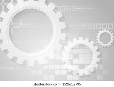 Grey high technology abstract background with gears and squares. Vector design