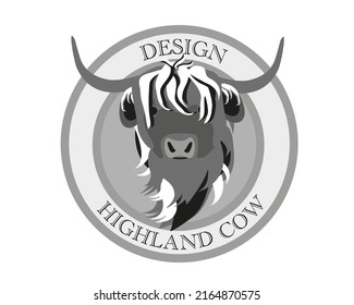 Emblem of  grey Highland cattle, cow. Cute head of Scottish cattle isolated on white background. Written Design Highland Cow. Design element for logo, poster, card, banner, emblem, t shirt.