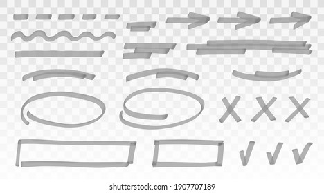 Grey highlighter set - lines, arrows, crosses, check, oval, rectangle isolated on transparent background. Marker pen highlight underline strokes. Vector hand drawn graphic stylish element