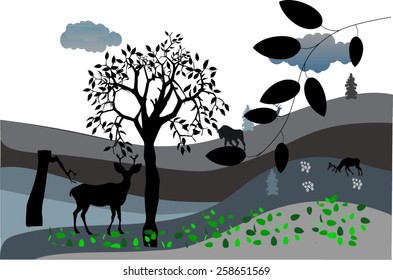 Grey hills animals and tree silhouettes illustration