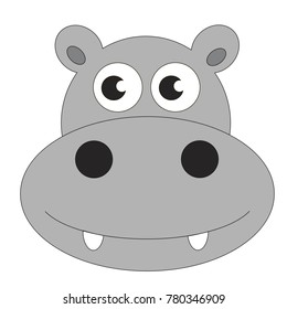 Grey Hippo Face cartoon. Outlined colorful illustration with thin line black stroke