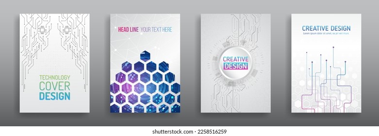 Grey hi-tech vector illustrations for business presentations. Futuristic business posters, Technology covers corporate documents. Layout template science designs. Brochure, flyer, book, annual report.