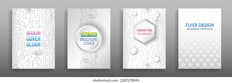 Grey hi-tech vector illustrations for business presentations. Futuristic business posters, Technology covers corporate documents. Layout template science designs. Brochure, flyer, book, annual report.