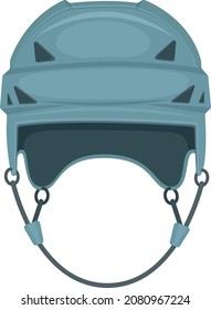 Grey hockey helmet, front view. Helmet to protect the head from injury during the game of hockey. Sports equipment. Vector illustration isolated on a white background