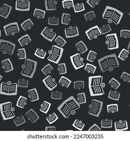 Grey Holy book of Koran icon isolated seamless pattern on black background. Muslim holiday, Eid Mubarak, Eid al-fitr, Ramadan Kareem.  Vector