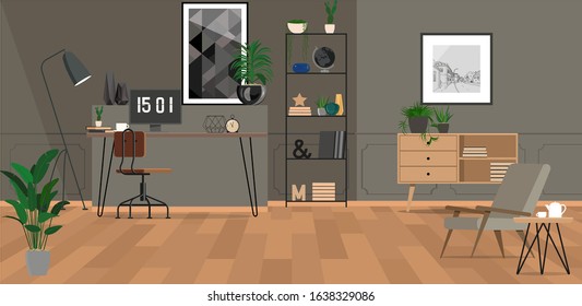 Grey home office interior with a monitor standing on a desk with wooden chair