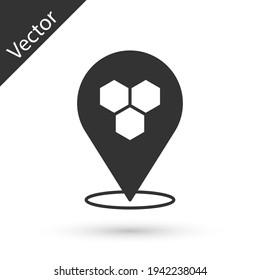 Grey Honeycomb bee location map pin pointer icon isolated on white background. Farm animal map pointer. Vector