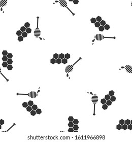 Grey Honeycomb with honey dipper stickicon isolated seamless pattern on white background. Honey ladle. Honey cells symbol. Sweet natural food.  Vector Illustration