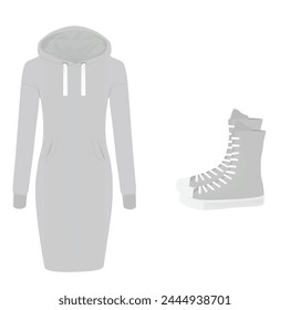 Grey hoodie dress and boots. vector illustration