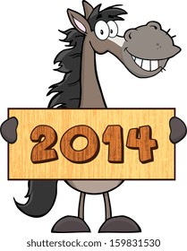 Grey Horse Cartoon Mascot Character Holding A Banner With Text. Vector Illustration Isolated on white