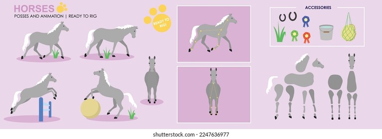 Caballo gris listo para animarse con múltiples accesorios de poses. Archivo vector etiquetado listo para la manipulación. Caballo, salto a caballo, caballos jugando.	
