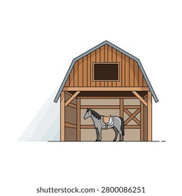 A grey horse stands inside a rustic wooden barn with an open front, featuring a classic gambrel roof design.