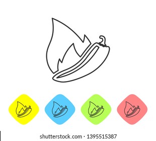 Grey Hot chili pepper pod line icon on white background. Design for grocery, culinary products, seasoning and spice package, cooking book. Set icon in color rhombus buttons. Vector Illustration