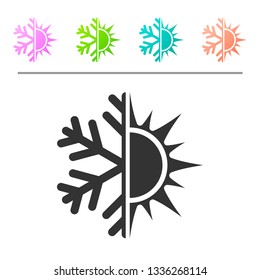 Grey Hot and cold symbol. Sun and snowflake icon isolated on white background. Winter and summer symbol. Set icon in color buttons. Vector Illustration