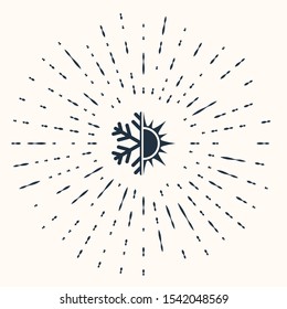 Grey Hot and cold symbol. Sun and snowflake icon isolated on beige background. Winter and summer symbol. Abstract circle random dots. Vector Illustration