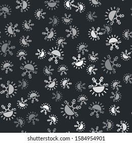 Grey Hot and cold symbol. Sun and snowflake icon isolated seamless pattern on black background. Winter and summer symbol.  Vector Illustration