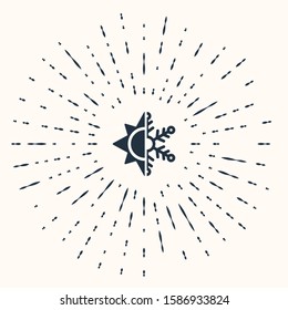 Grey Hot and cold symbol. Sun and snowflake icon isolated on beige background. Winter and summer symbol. Abstract circle random dots. Vector Illustration