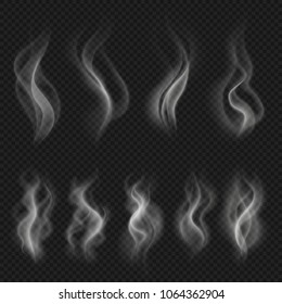 Grey hot smoke clouds. White transparent steam evaporation isolated vector effects. Vector motion steam fog, flow smoke effect illustration