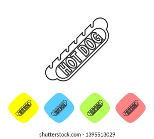 Grey Hotdog sandwich line icon isolated on white background. Sausage icon. Fast food sign. Set icon in color rhombus buttons. Vector Illustration