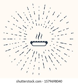 Grey Hotdog sandwich with mustard icon isolated on beige background. Sausage icon. Fast food sign. Abstract circle random dots. Vector Illustration