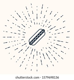 Grey Hotdog sandwich with mustard icon isolated on beige background. Sausage icon. Fast food sign. Abstract circle random dots. Vector Illustration