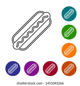 Grey Hotdog sandwich with mustard line icon isolated on white background. Sausage icon. Fast food sign. Set icon in color circle buttons. Vector Illustration