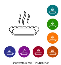 Grey Hotdog sandwich with mustard line icon isolated on white background. Sausage icon. Fast food sign. Set icon in color circle buttons. Vector Illustration