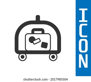 Grey Hotel luggage cart with suitcase icon isolated on white background. Traveling baggage sign. Travel luggage icon.  Vector