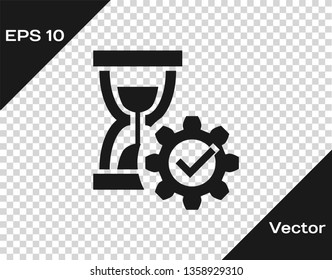 Grey Hourglass and gear icon isolated on transparent background. Time Management symbol. Clock and gear icon. Productivity symbol. Vector Illustration