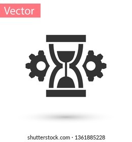 Grey Hourglass and gear icon isolated on white background. Time Management symbol. Clock and gear icon. Productivity symbol. Vector Illustration
