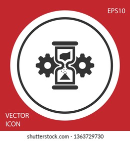 Grey Hourglass and gear icon isolated on red background. Time Management symbol. Clock and gear icon. Business concept. Circle button. Vector Illustration