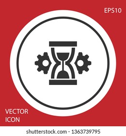 Grey Hourglass and gear icon isolated on red background. Time Management symbol. Clock and gear icon. Productivity symbol. White circle button. Vector Illustration