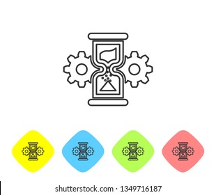 Grey Hourglass and gear line icon isolated on white background. Time Management symbol. Clock and gear icon. Business concept. Set icon in color rhombus buttons. Vector Illustration