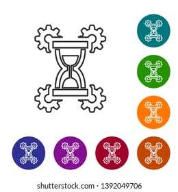 Grey Hourglass and gear line icon on white background. Time Management symbol. Clock and gear icon. Productivity symbol. Set icon in color circle buttons. Vector Illustration