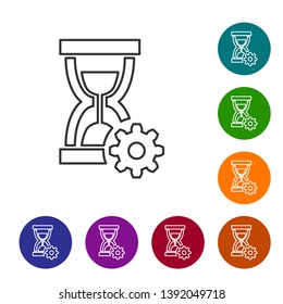 Grey Hourglass and gear line icon on white background. Time Management symbol. Clock and gear icon. Productivity symbol. Set icon in color circle buttons. Vector Illustration