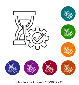 Grey Hourglass and gear line icon on white background. Time Management symbol. Clock and gear icon. Productivity symbol. Set icon in color circle buttons. Vector Illustration